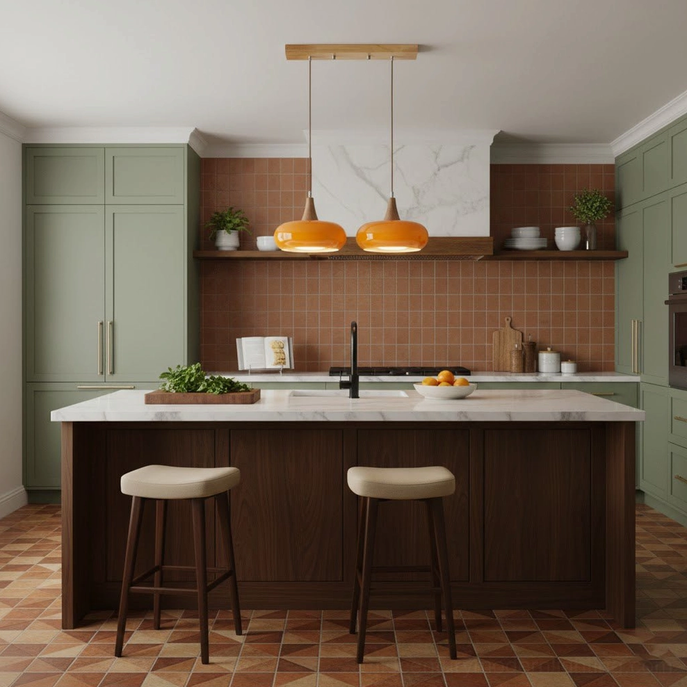 Hailie mid-century modern pendant lamp with warm amber glass and natural wood in residential interior