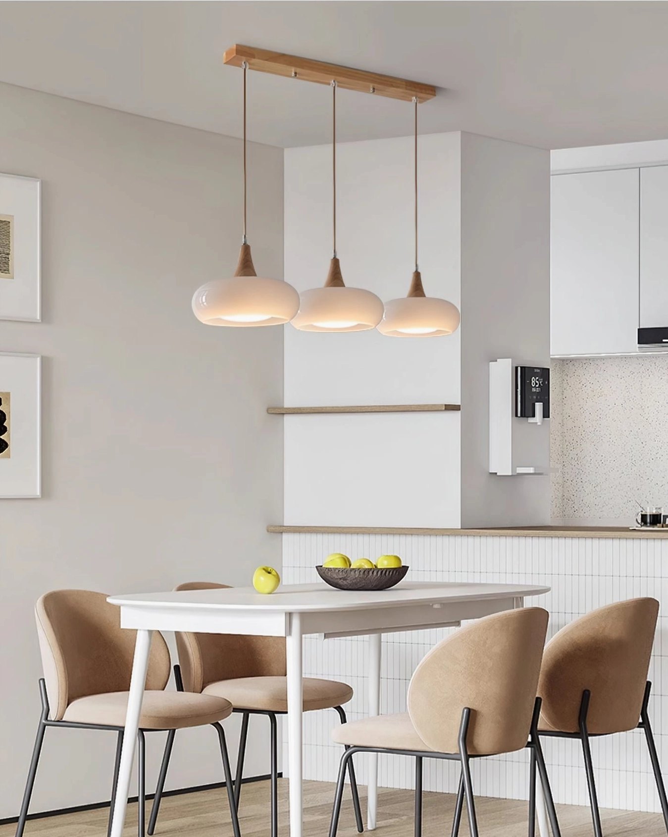 Hailie warm amber pendant lamp creating warm glow in mid-century modern dining room setting