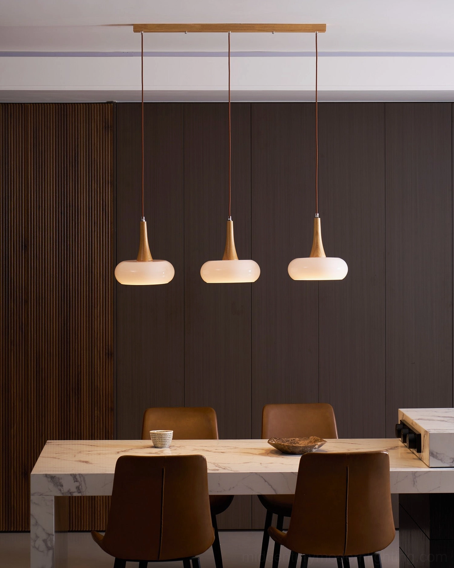Hailie mid-century pendant lamp with borosilicate glass and wood frame material showcase