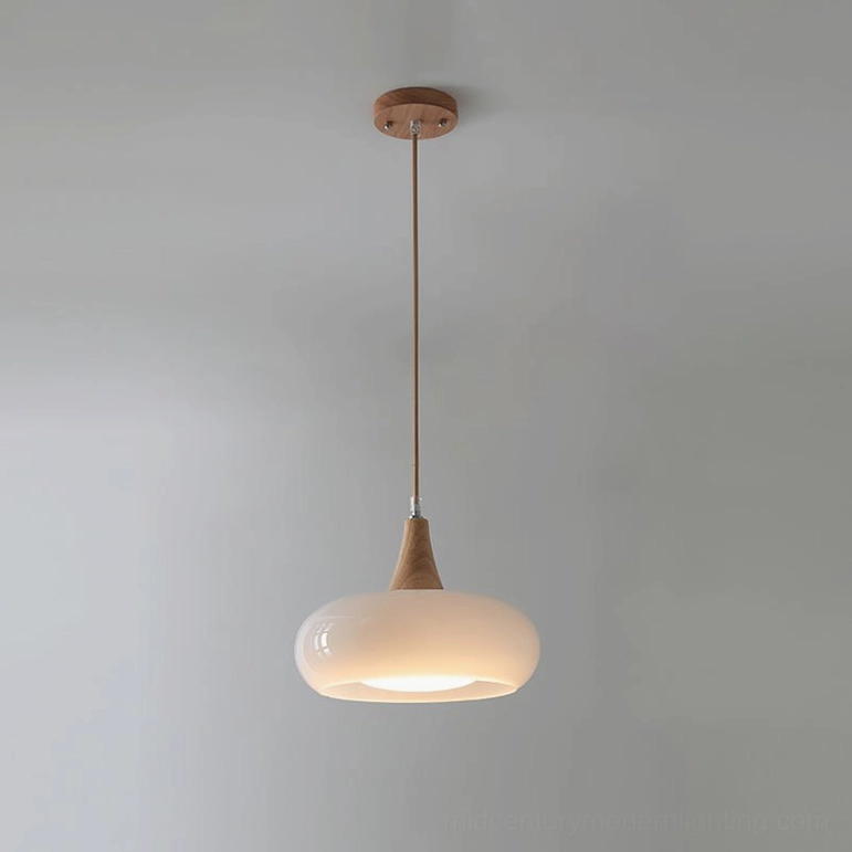 Single-head Hailie pendant lamp white frosted glass wood accents bedroom lighting
