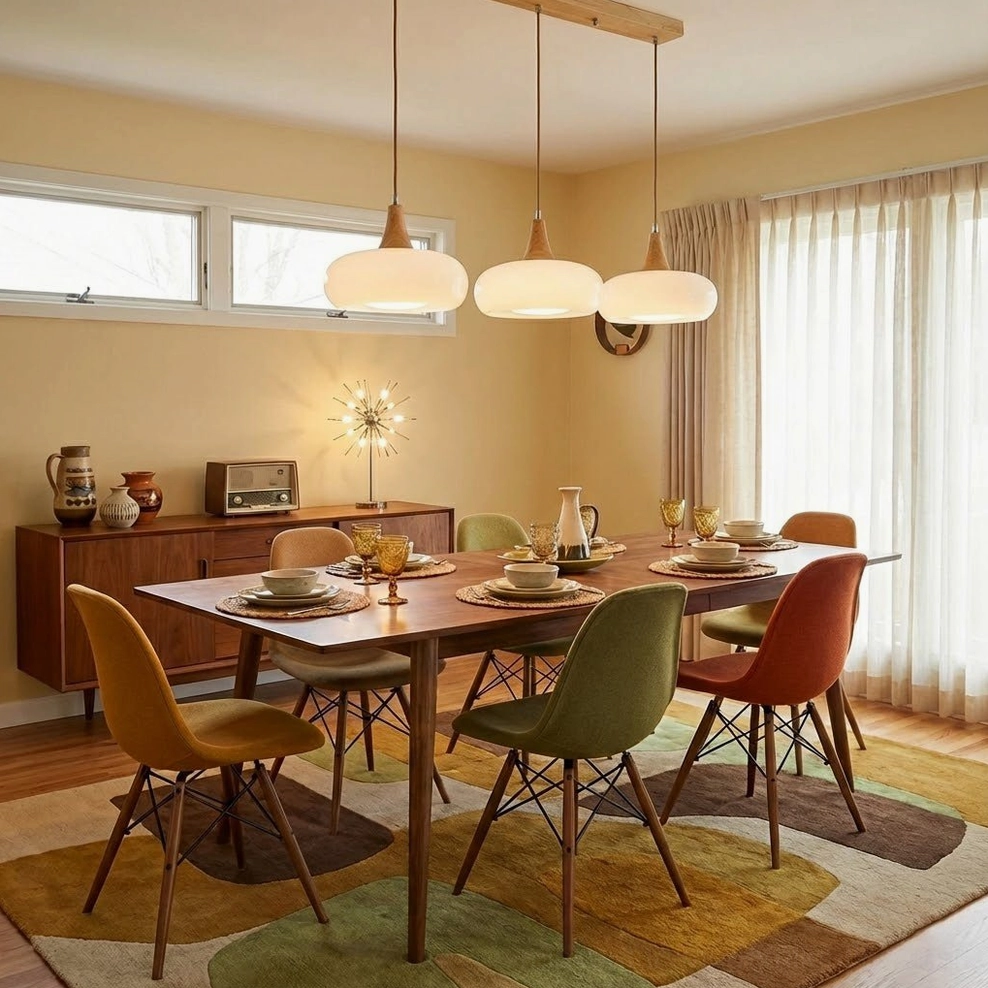 Three Hailie frosted white pendant lamps linear arrangement above mid-century dining room