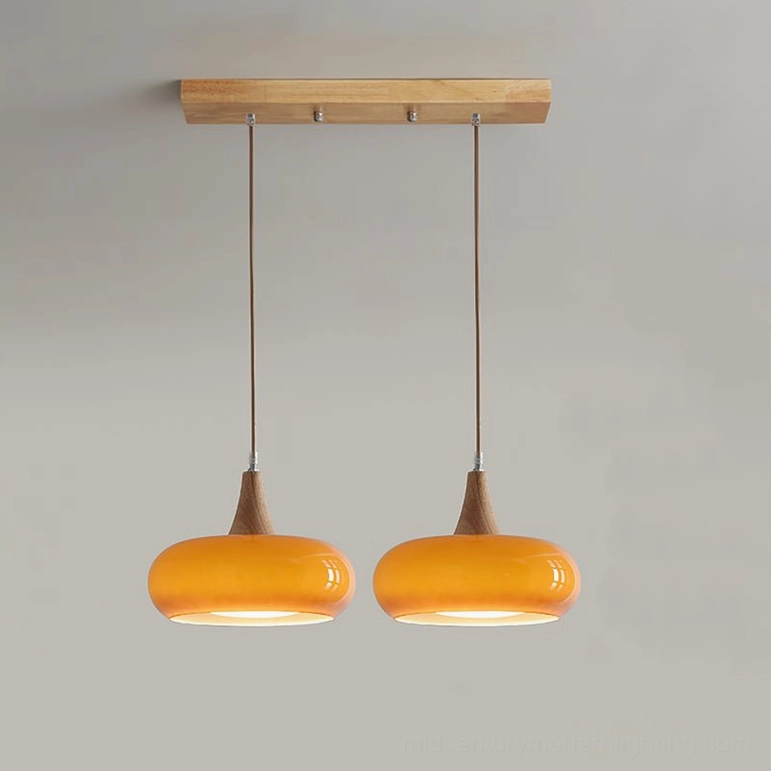 Two-head Hailie pendant lamp orange amber glass wood frame kitchen island