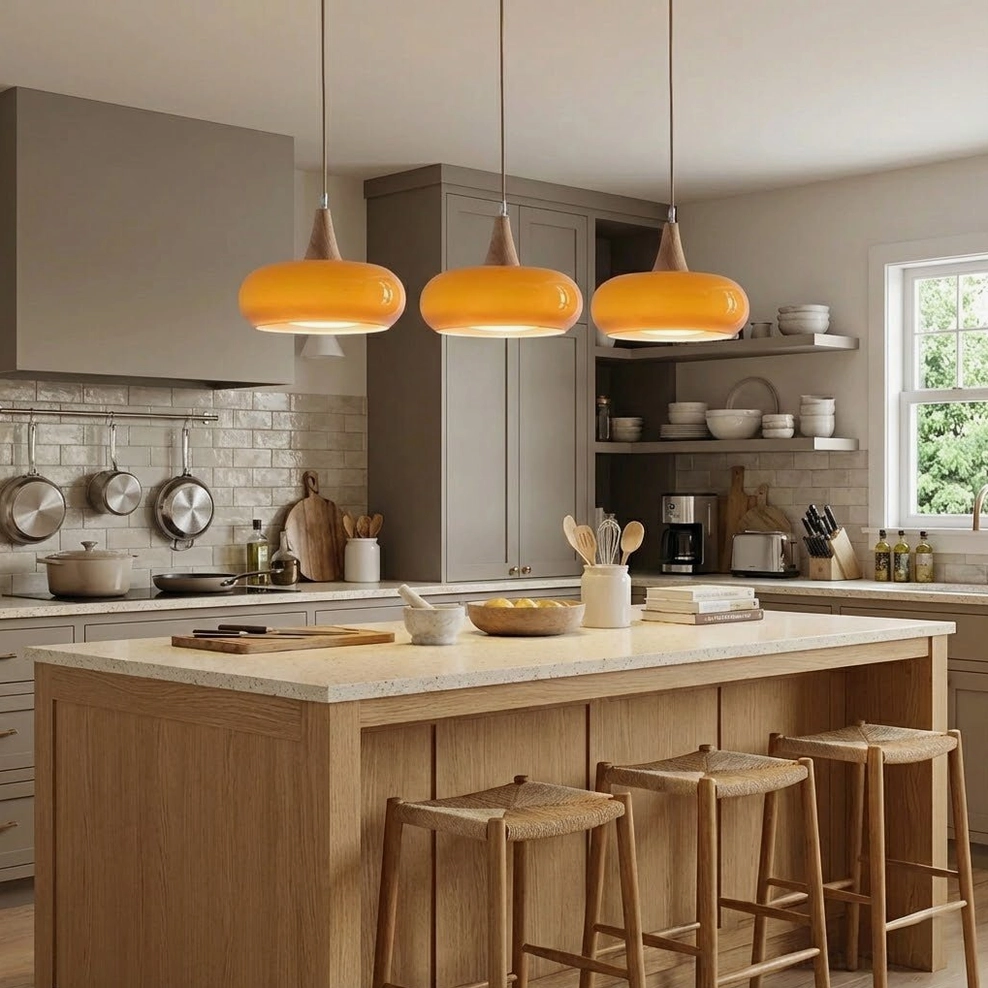 Hailie two-head linear pendant lamp arrangement above modern kitchen island and seating