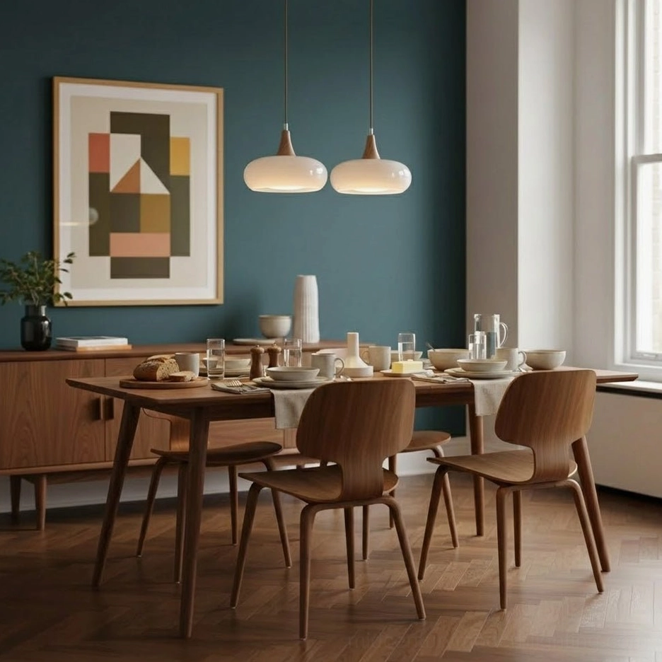 Two Hailie frosted white pendant lamps above mid-century dining table with teal accent wall