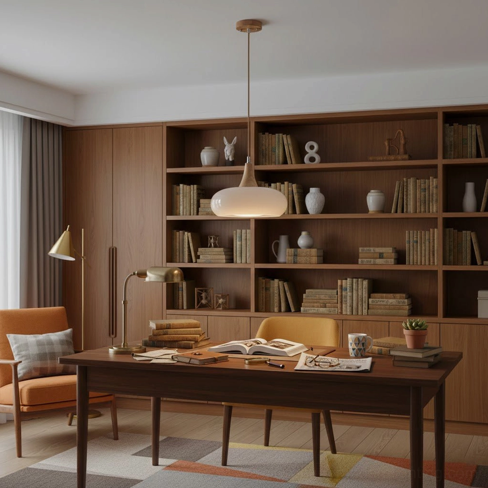 Hailie white glass pendant lamp in modern home library and workspace, focused ambient lighting