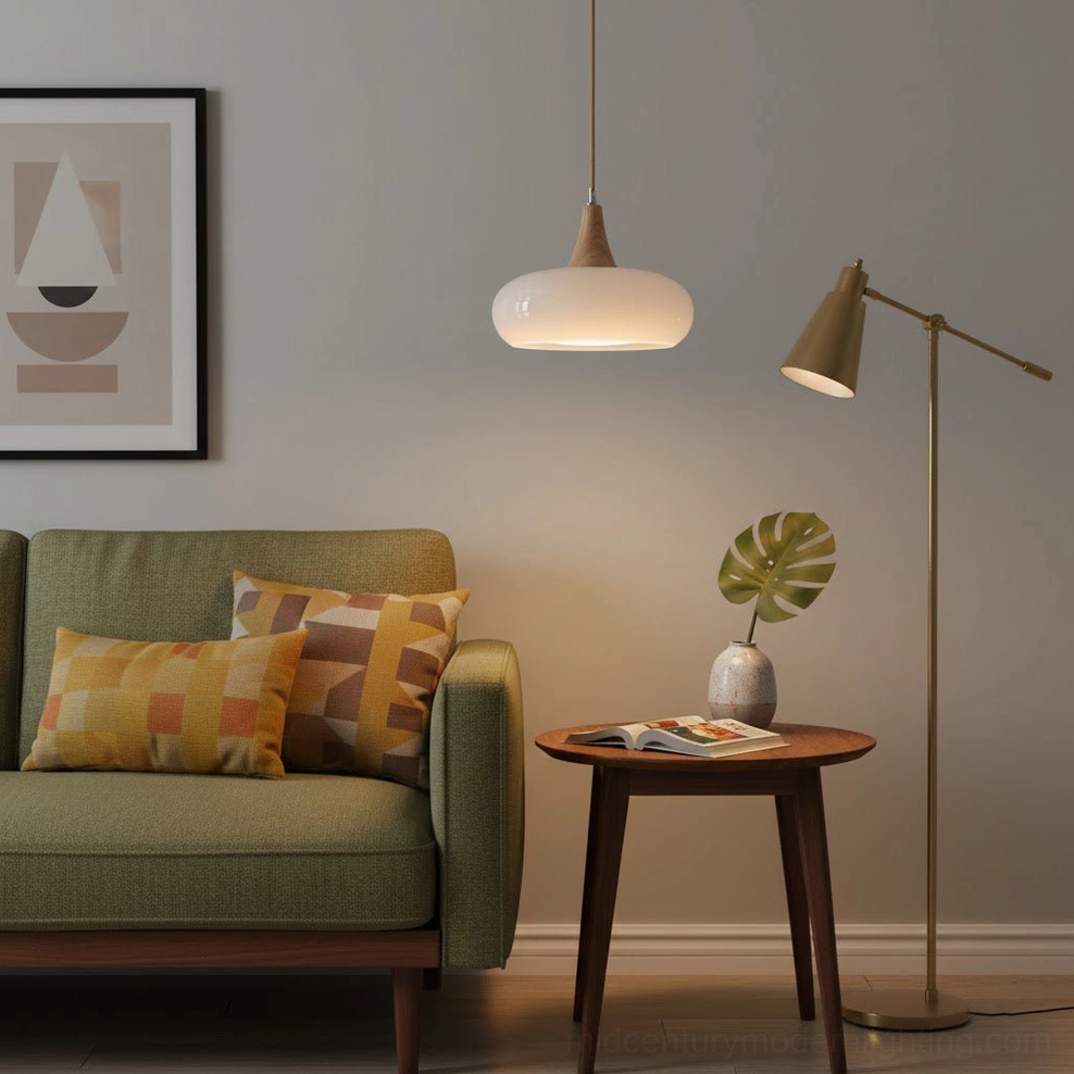 Hailie single frosted white pendant lamp in minimalist living space with light wood accents