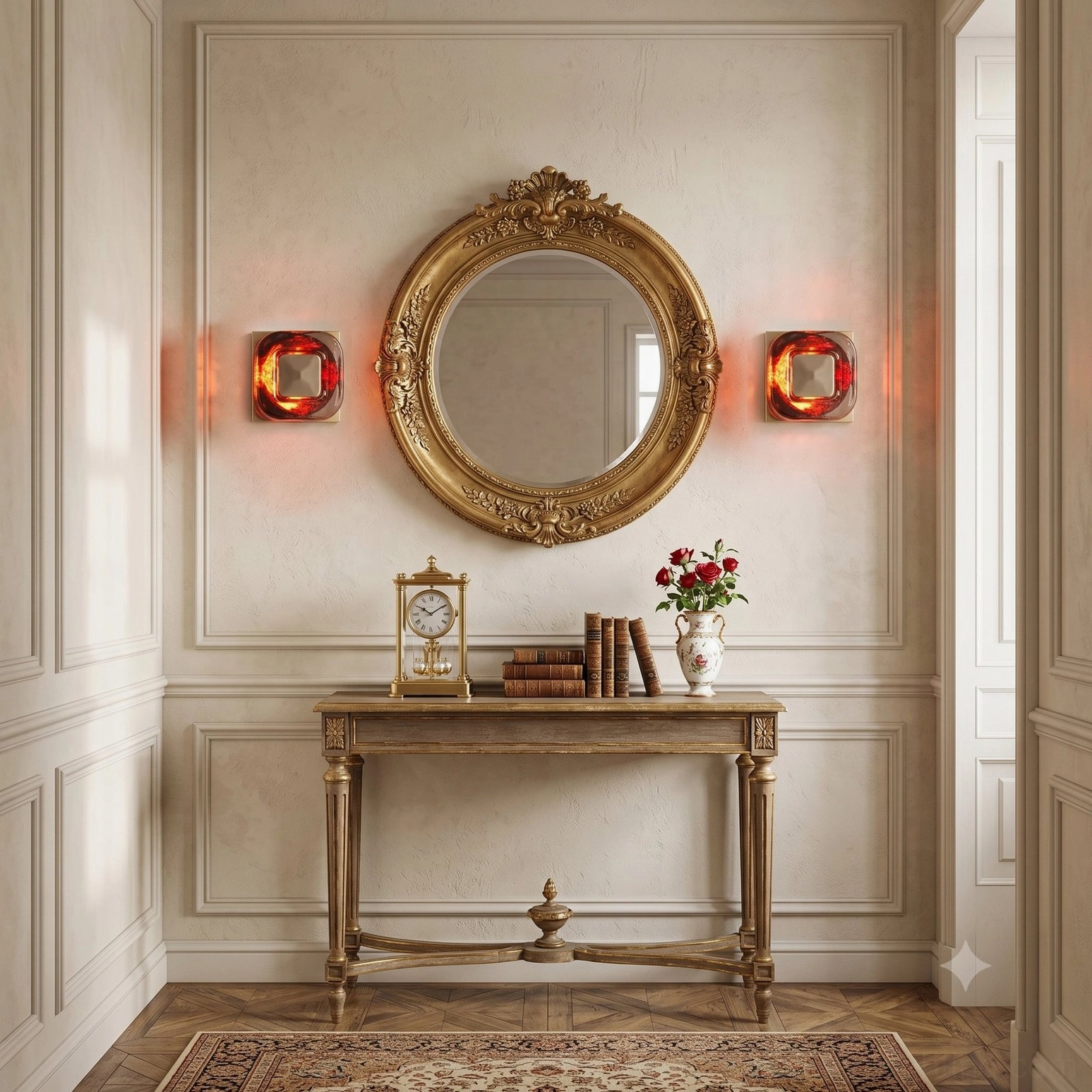 Red circular sconces beside gilded round mirror in formal hallway with antique console table decor