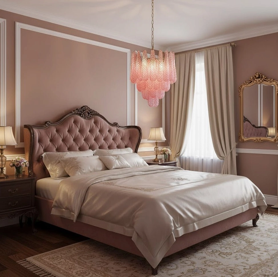 Hand-crafted pink Murano-style glass chandelier showing layered teardrop suspension design