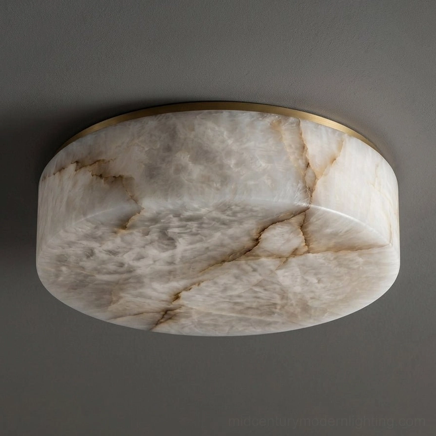 Hand-carved alabaster round flush mount light with integrated LED, modern minimalist ceiling fixture with soft diffused light