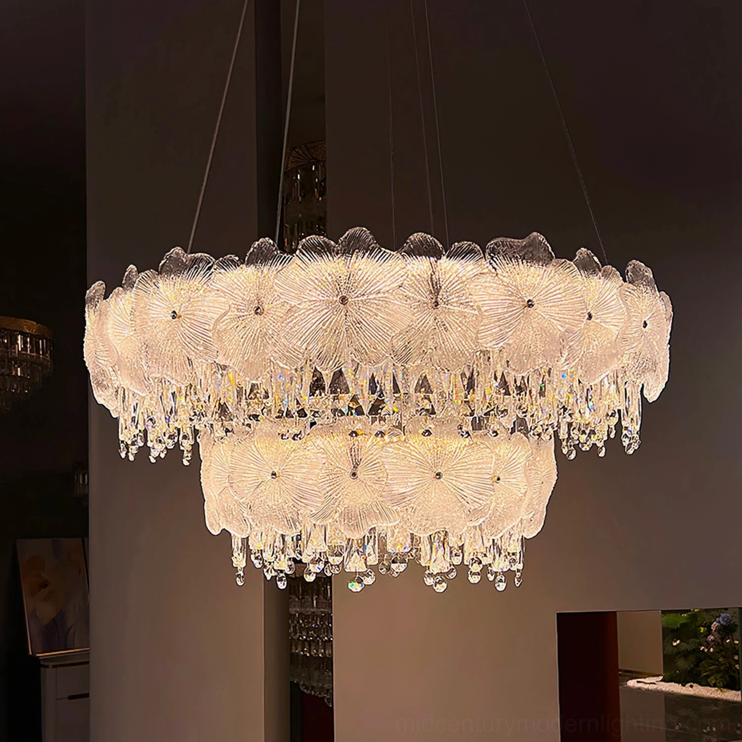 Hand-cut crystal chandelier premium lighting fixture contemporary minimalist design suspended stainless steel frame