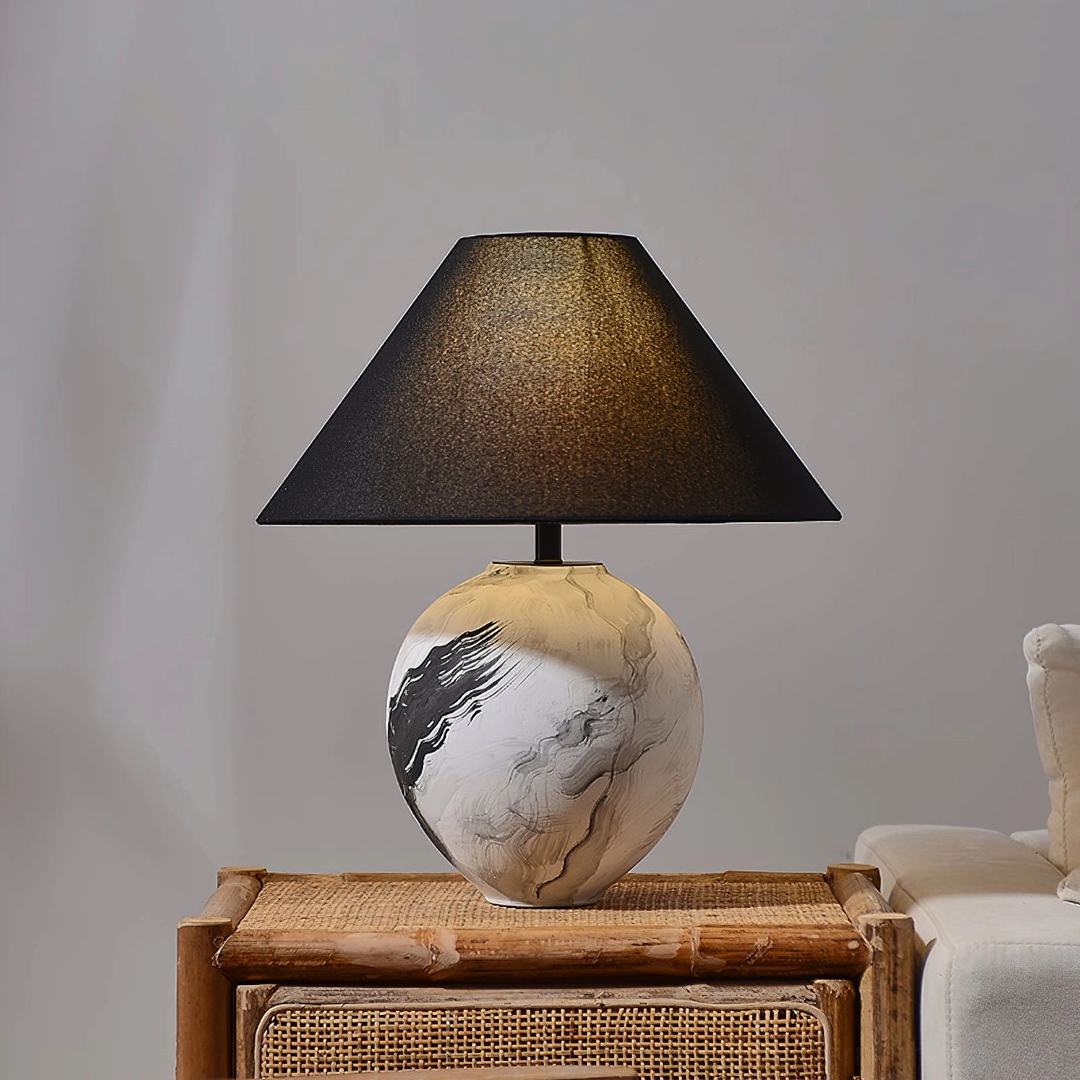Hand-painted ceramic table lamp with artistic brushstroke patterns and white fabric shade detail