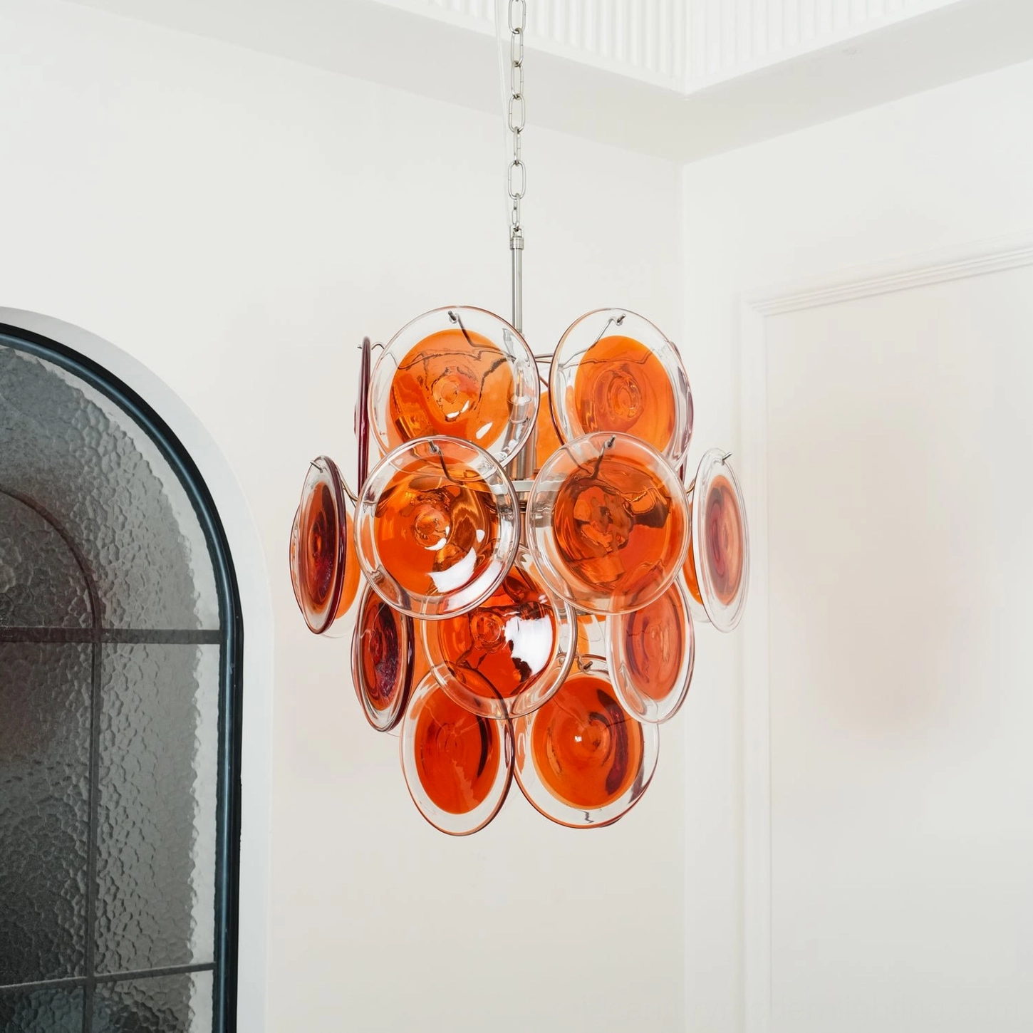 Hand-poured Murano glass orange chandelier disc arrangement geometric design