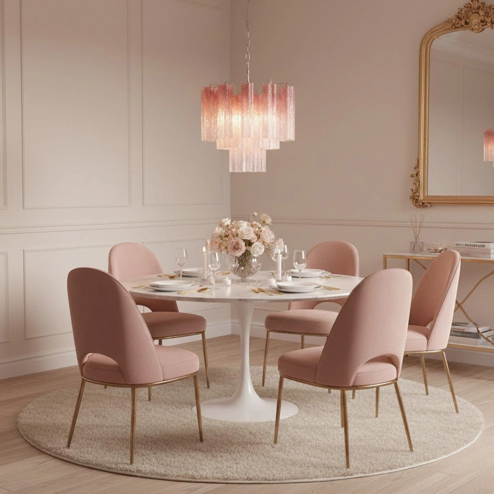 Wide interior view of pink Murano tube chandelier in classic dining space with round white table and pink chairs