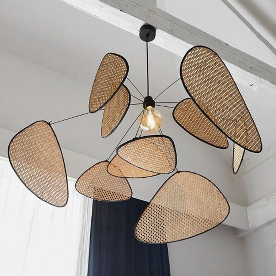 Handwoven bamboo rattan cluster pendant, detailed architectural view of perforated lattice shade construction