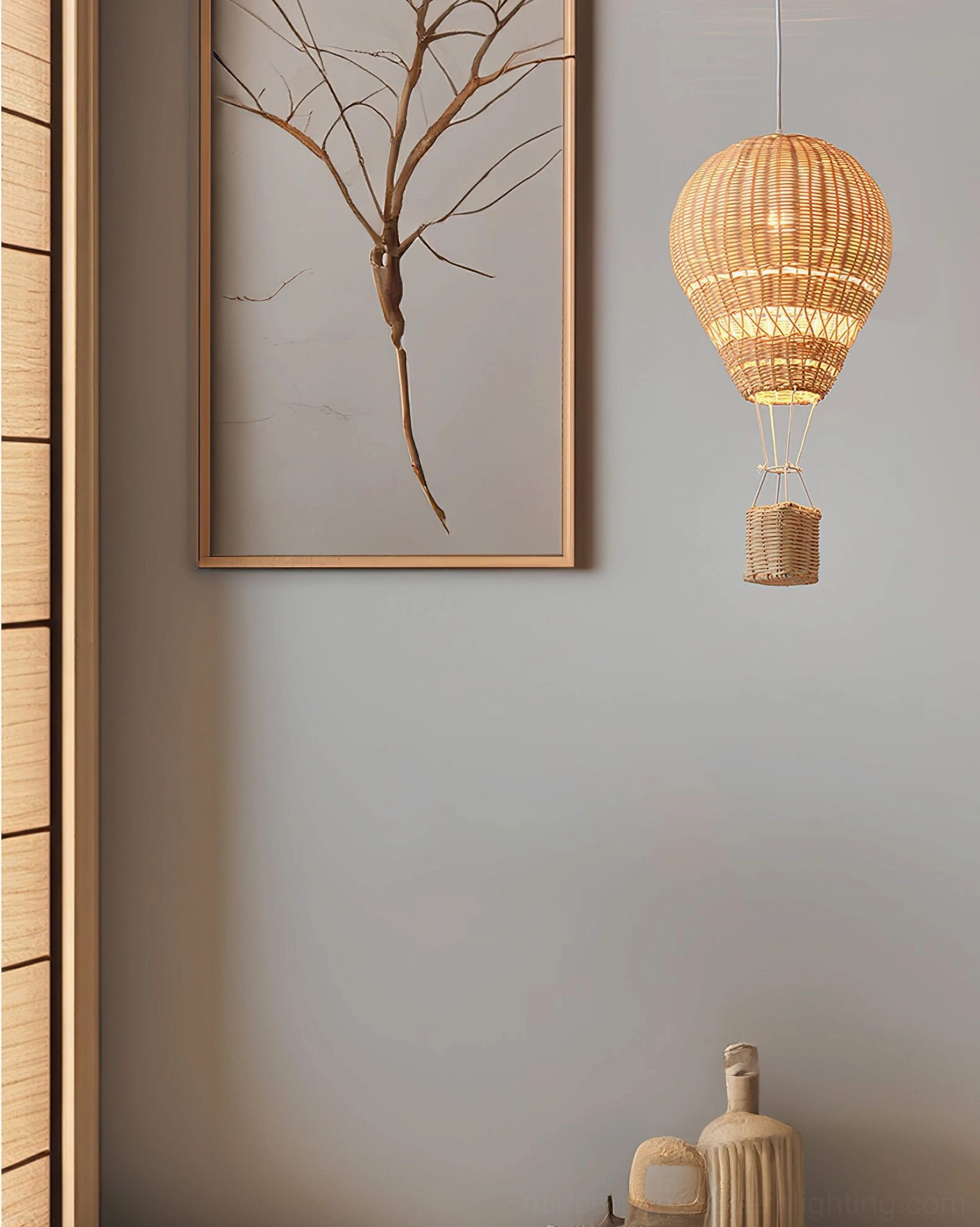 Handwoven rattan hot air balloon pendant light showing intricate basket weave pattern