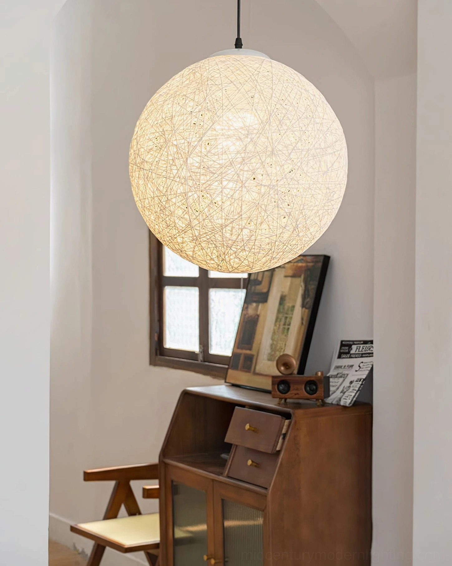 Wicker globe pendant lamp vintage home office nook rustic natural style