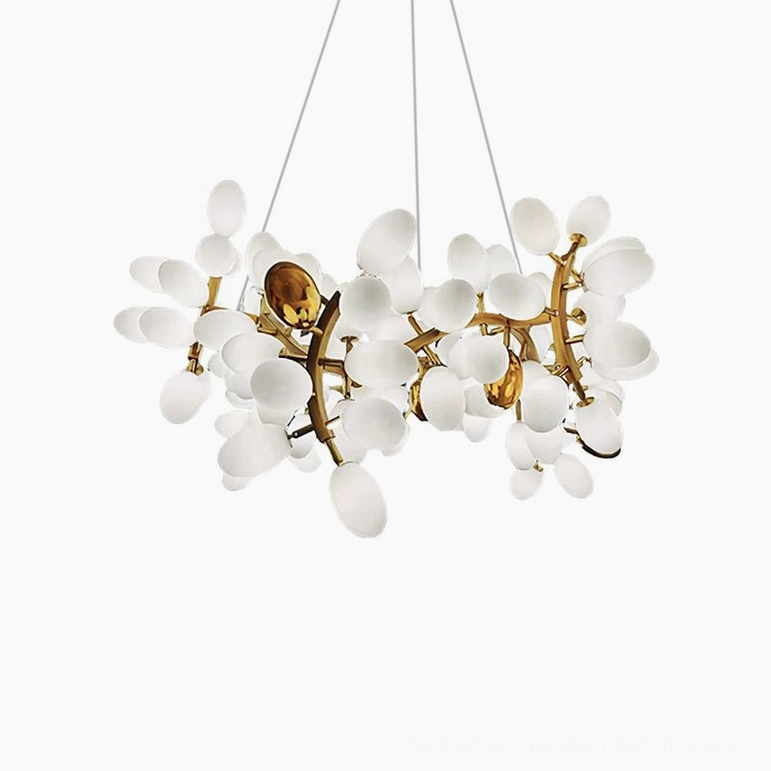 Hanging grape vine chandelier with frosted matte glass demonstrating soft ambient lighting