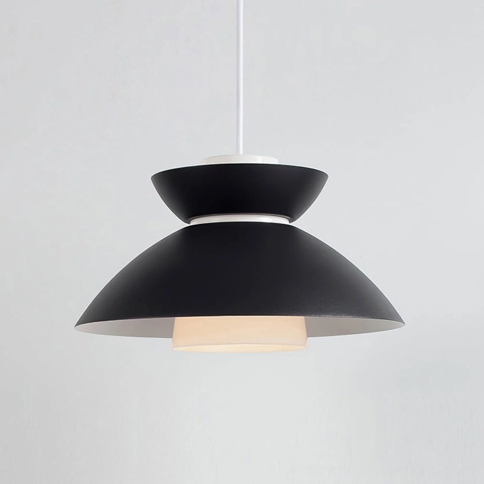 Hannes minimalist pendant light with two-tiered shade and white suspension cord, studio product photography