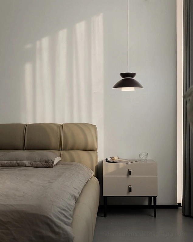 Hannes modern pendant light fixture with integrated warm LED, matte black metal and acrylic components
