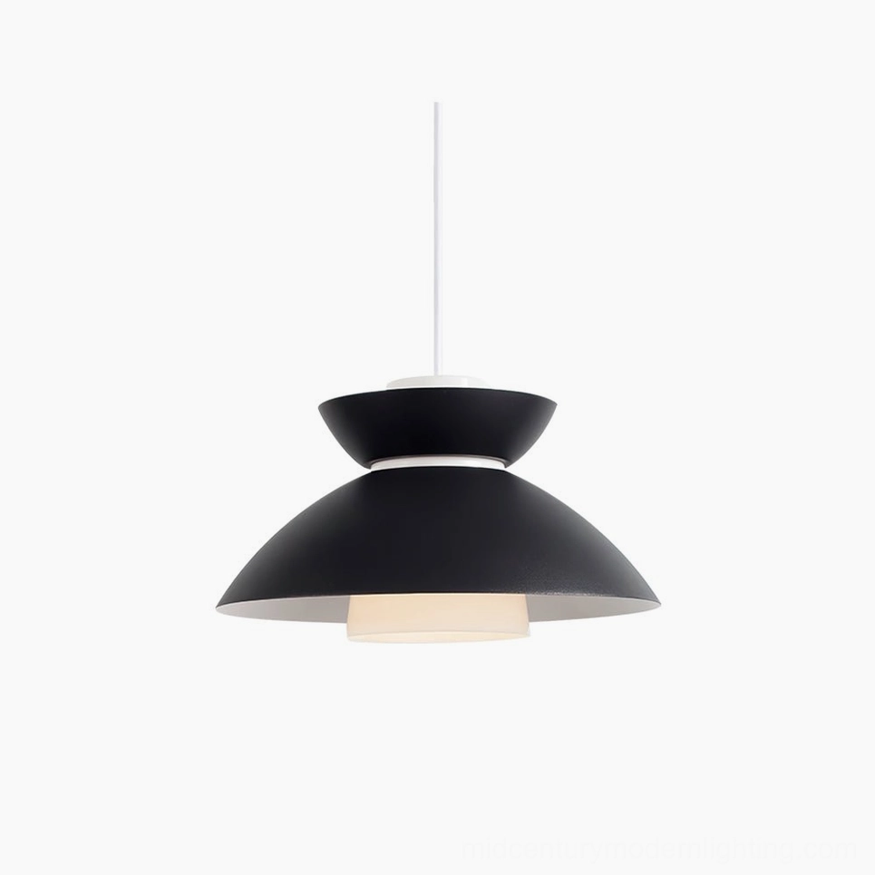 Hannes modern pendant lamp with layered matte black metal shade, direct frontal view on white background