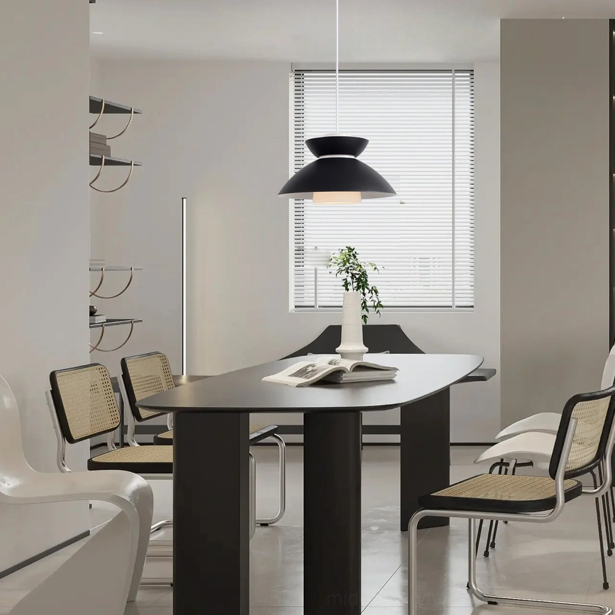Hannes pendant lamp overhead view in large modern residential dining room with window blinds, mounted above long table