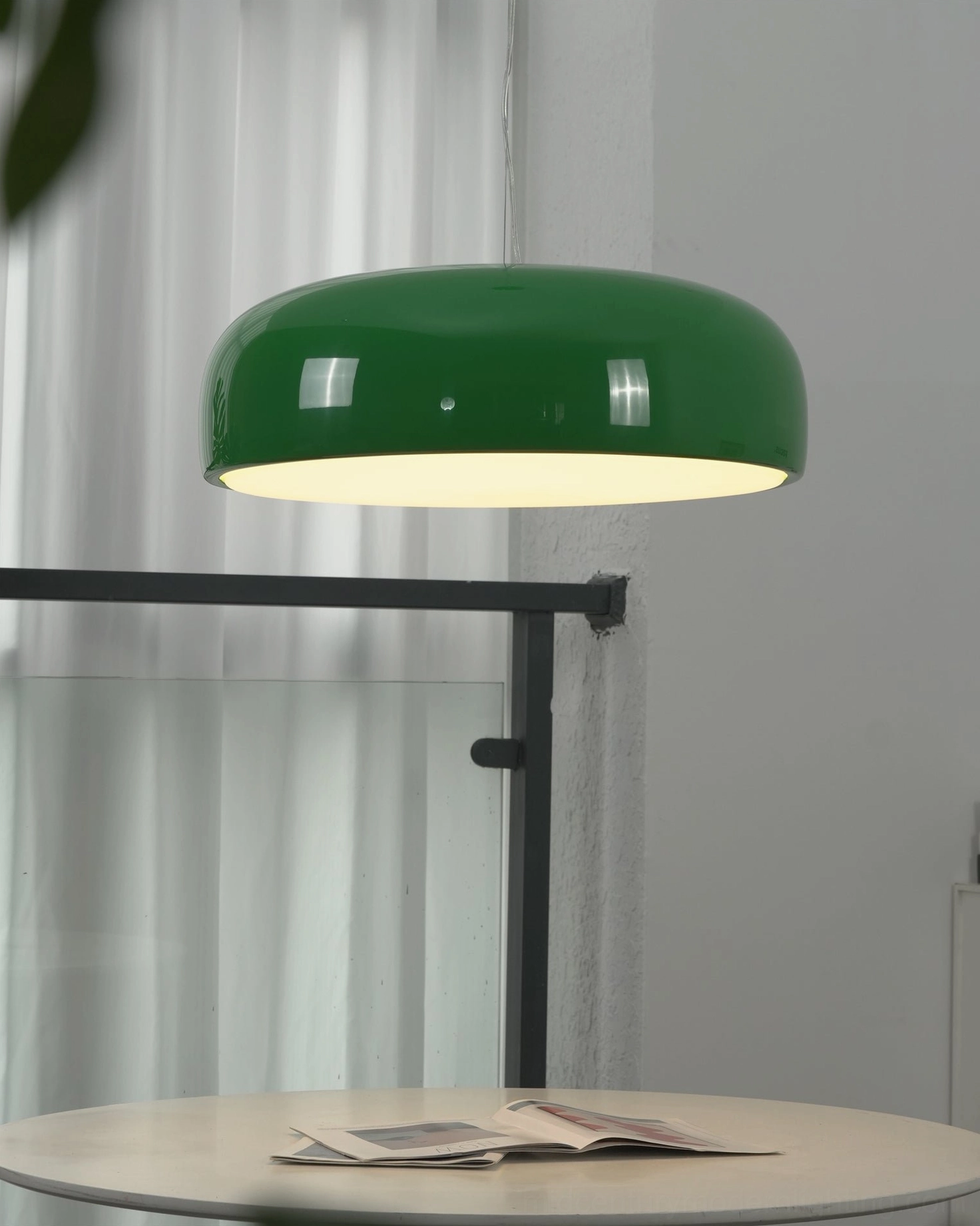 Harper pendant light aluminum dome fixture, detailed view of flattened shade design and ceiling canopy mounting system