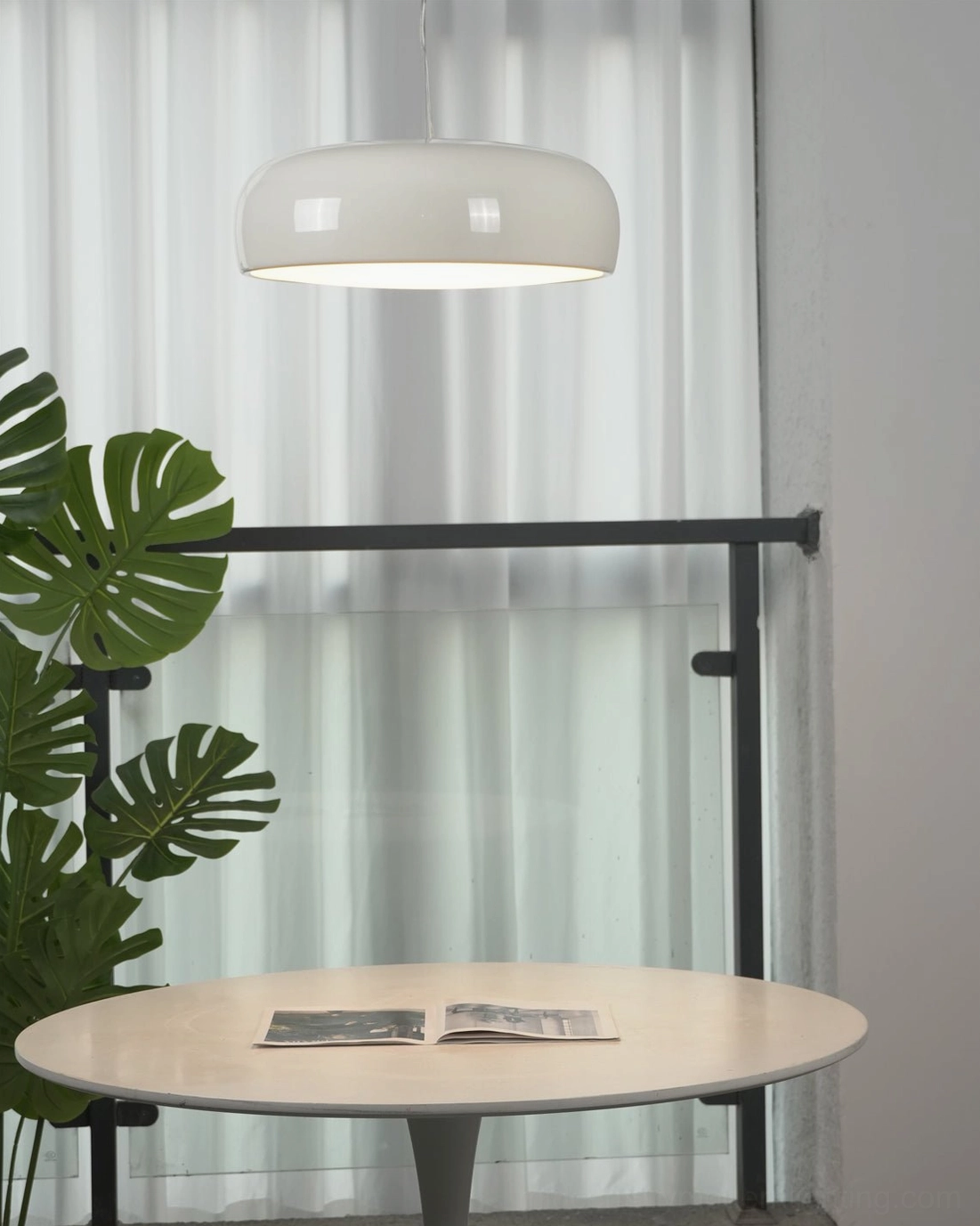 Harper mid-century modern dome pendant light, architectural overhead perspective showing coordinated canopy and suspension wire