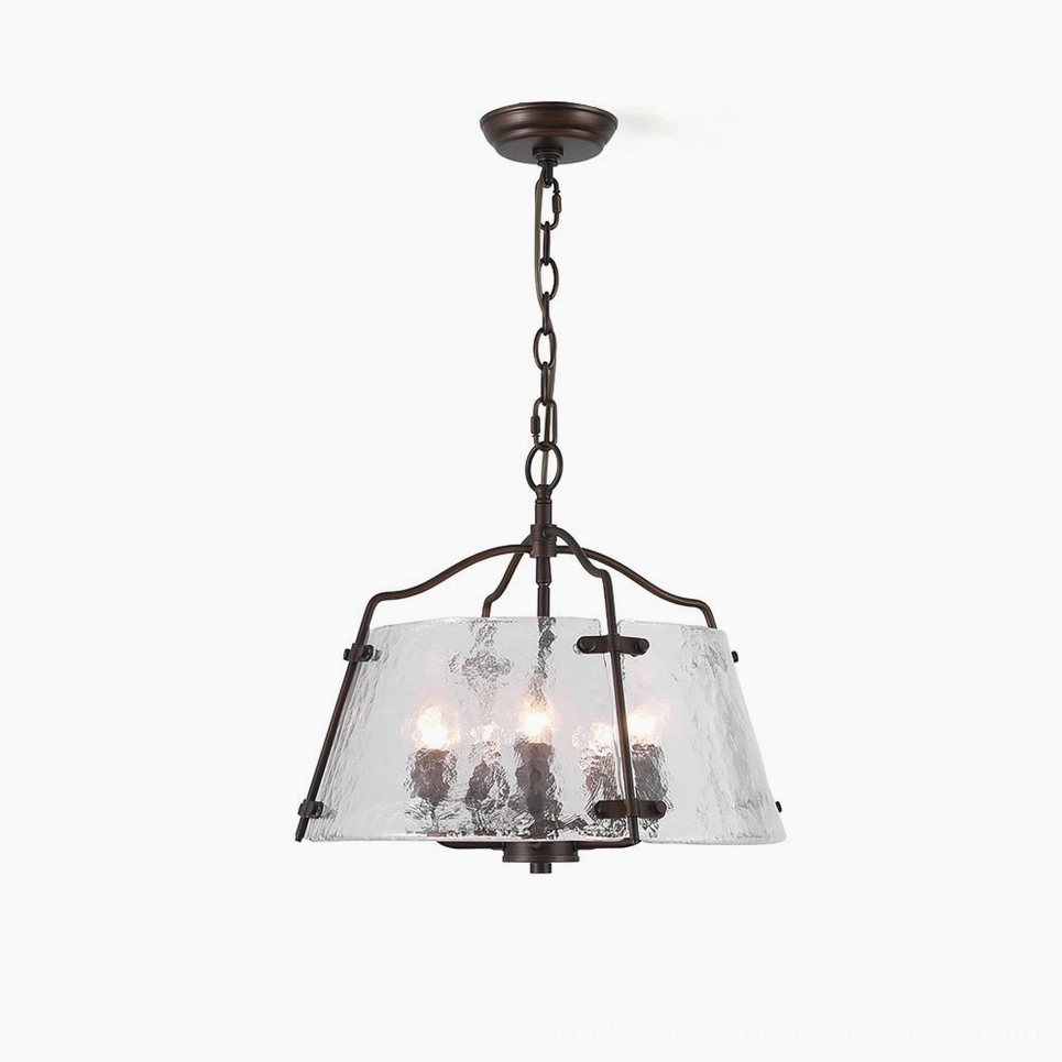Harrow industrial five-head pendant chandelier with dark bronze frame and rippled glass shades, front studio view