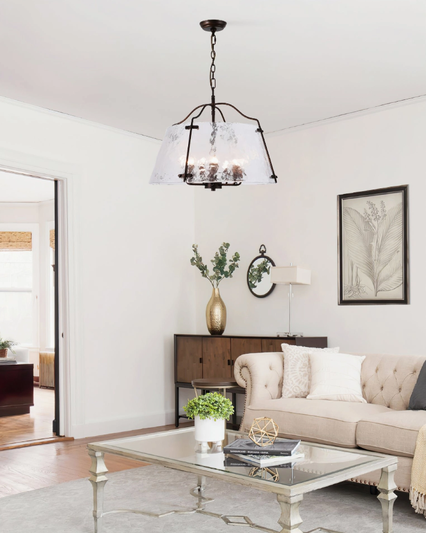Harrow five-head industrial pendant chandelier with dark bronze finish and rippled glass shades