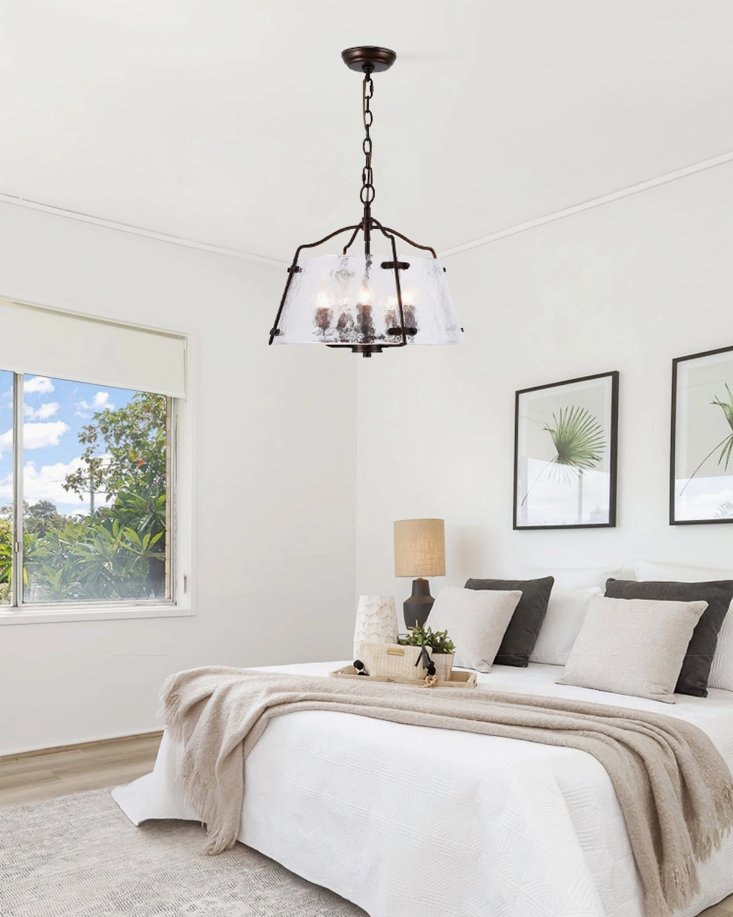 Harrow industrial pendant light in minimalist master bedroom with modern aesthetic