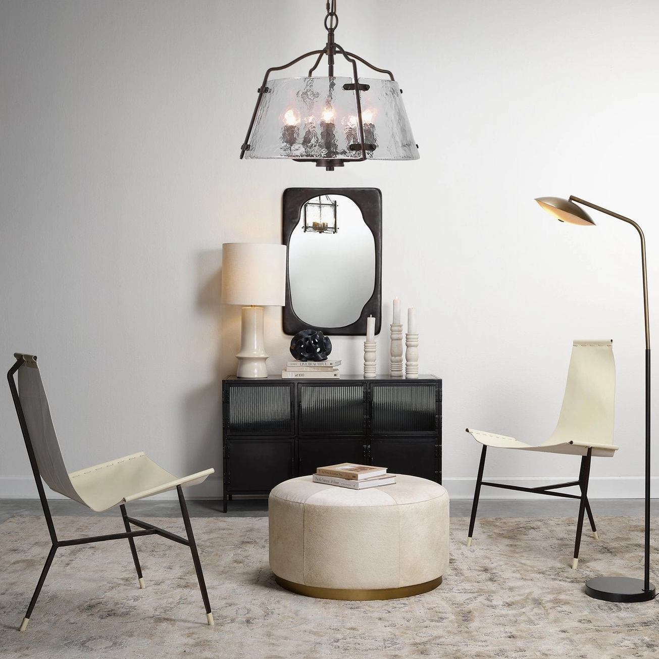 Harrow five-head pendant installed in modern minimalist living room with neutral home decor