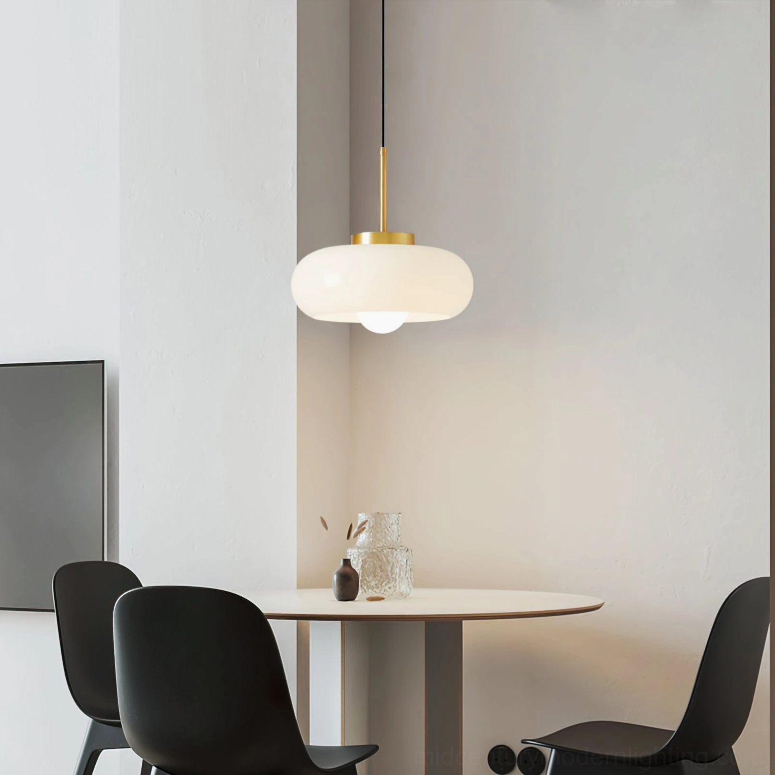Harvey mid-century modern pendant light single installation, warm amber glass shade creating cozy ambient lighting