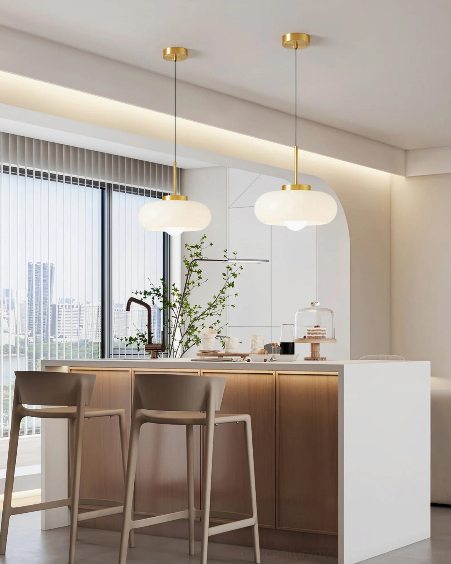 Two white Harvey pendant lamps over modern kitchen island, bright minimalist interior design with clean glass shades