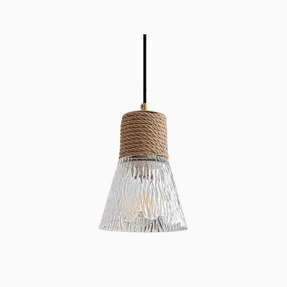 Hemp rope glass pendant lamp artistic overhead view, frosted glass diffuser and woven rope construction showcase