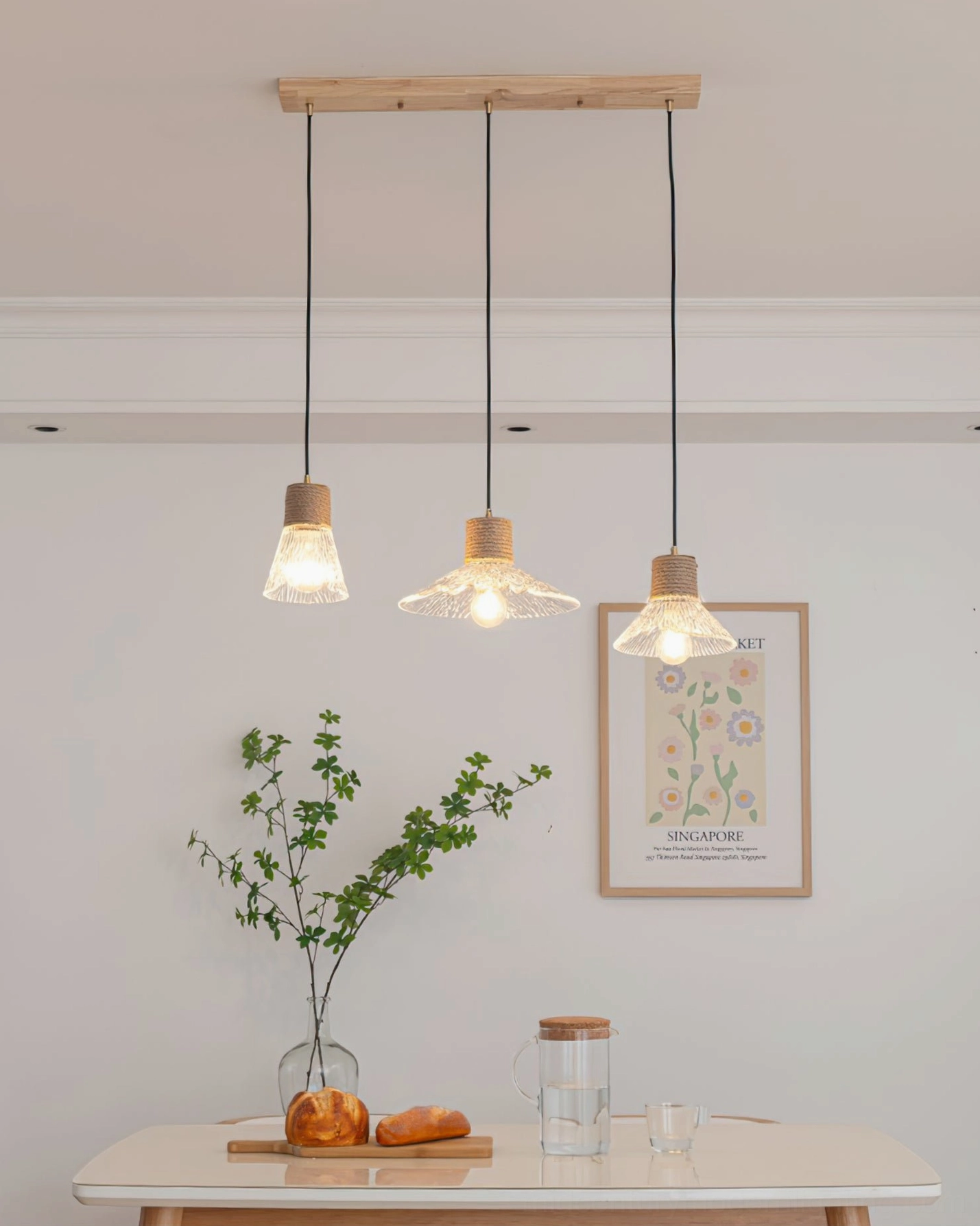 Close-up view of rope wrapping and glass shade connection point, hemp rope glass pendant lamp construction detail