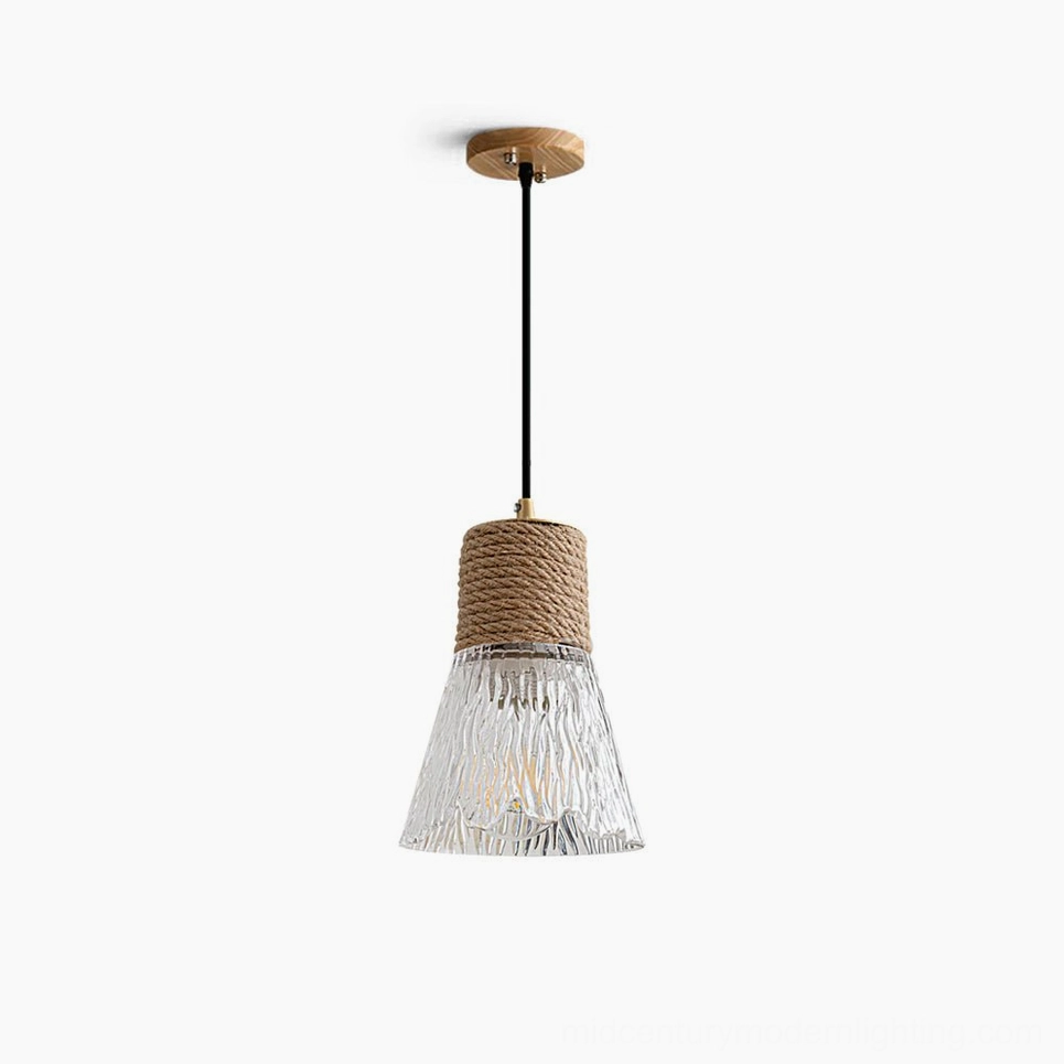 Overhead studio view of fluted glass hemp rope pendant lamp on white background, showing natural rope texture and frosted glass diffuser detail