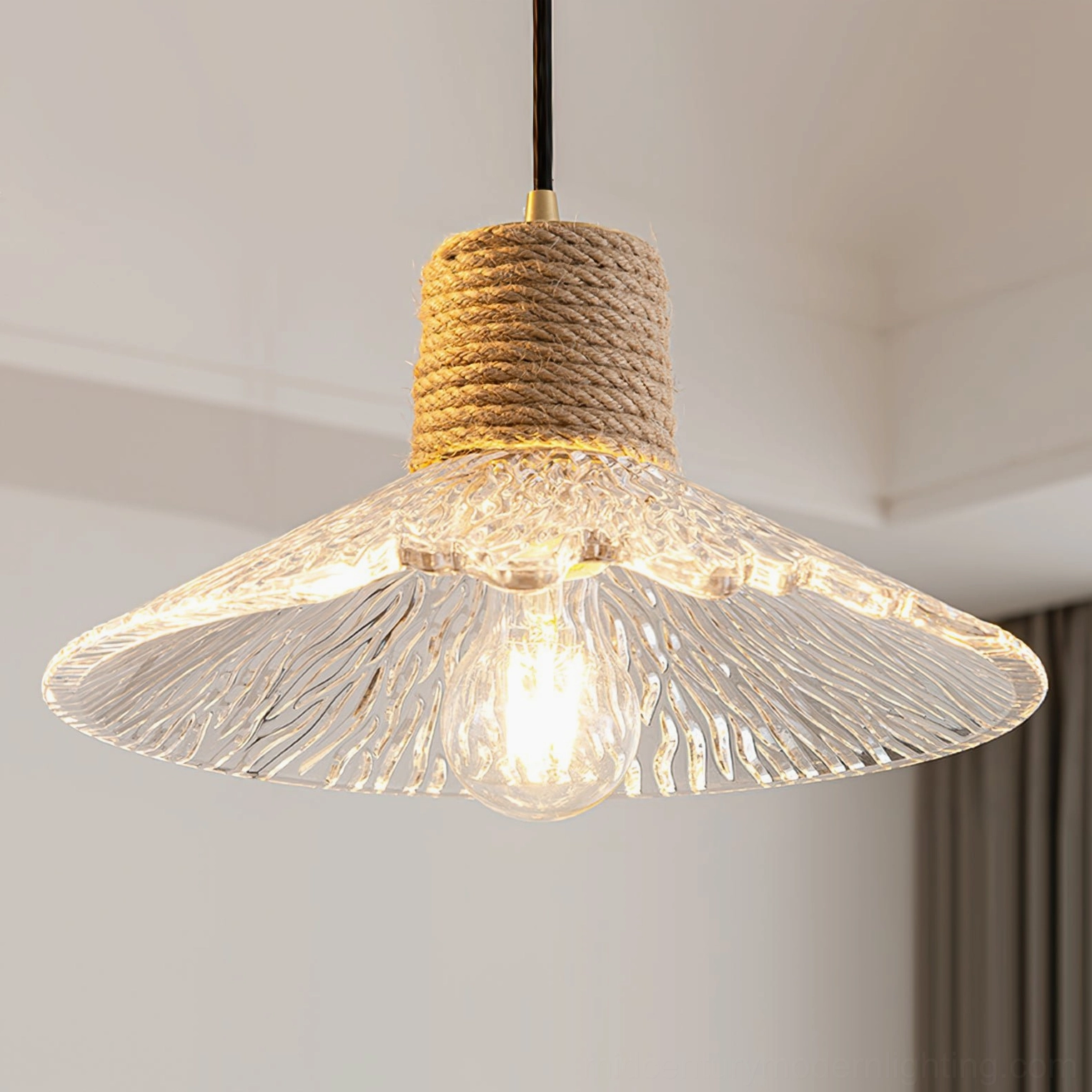 Single hemp rope glass pendant light fixture standalone display, frosted glass shade with rope wrap detail
