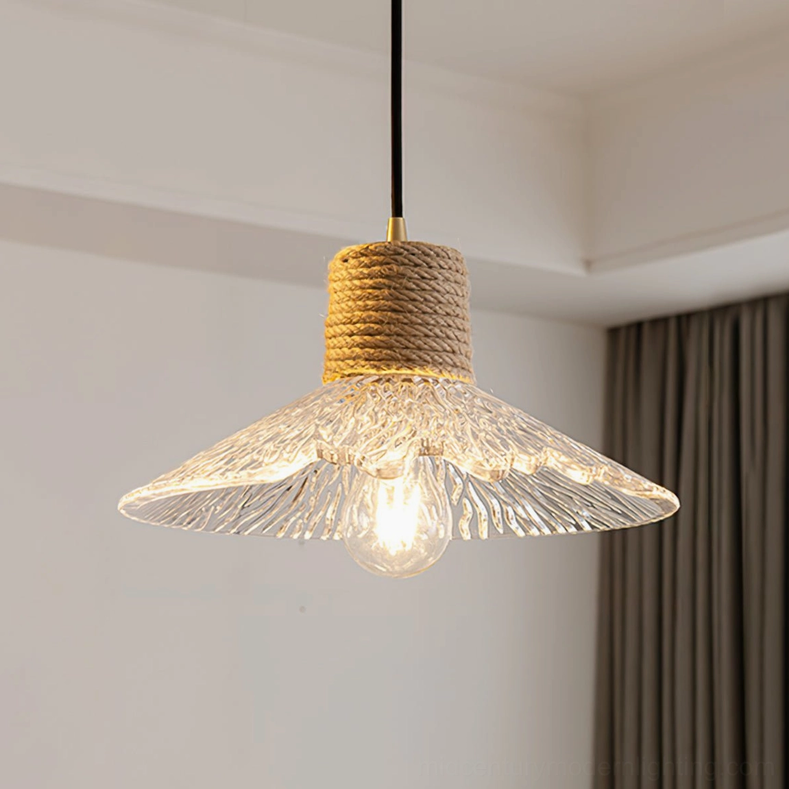 Hemp rope glass pendant hanging lamp in modern interior setting, statement piece warm ambient lighting design