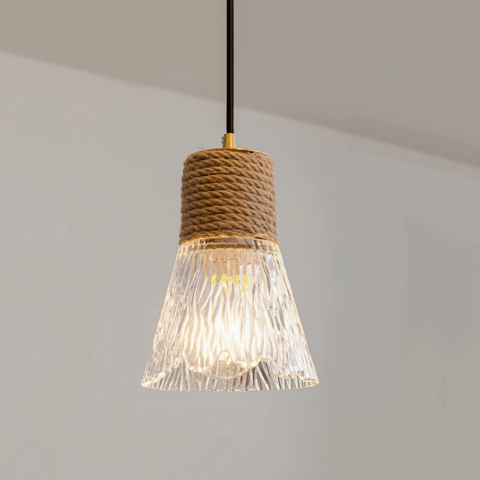 Hemp rope glass pendant lamp in artistic interior composition, natural light and warm glow interaction design