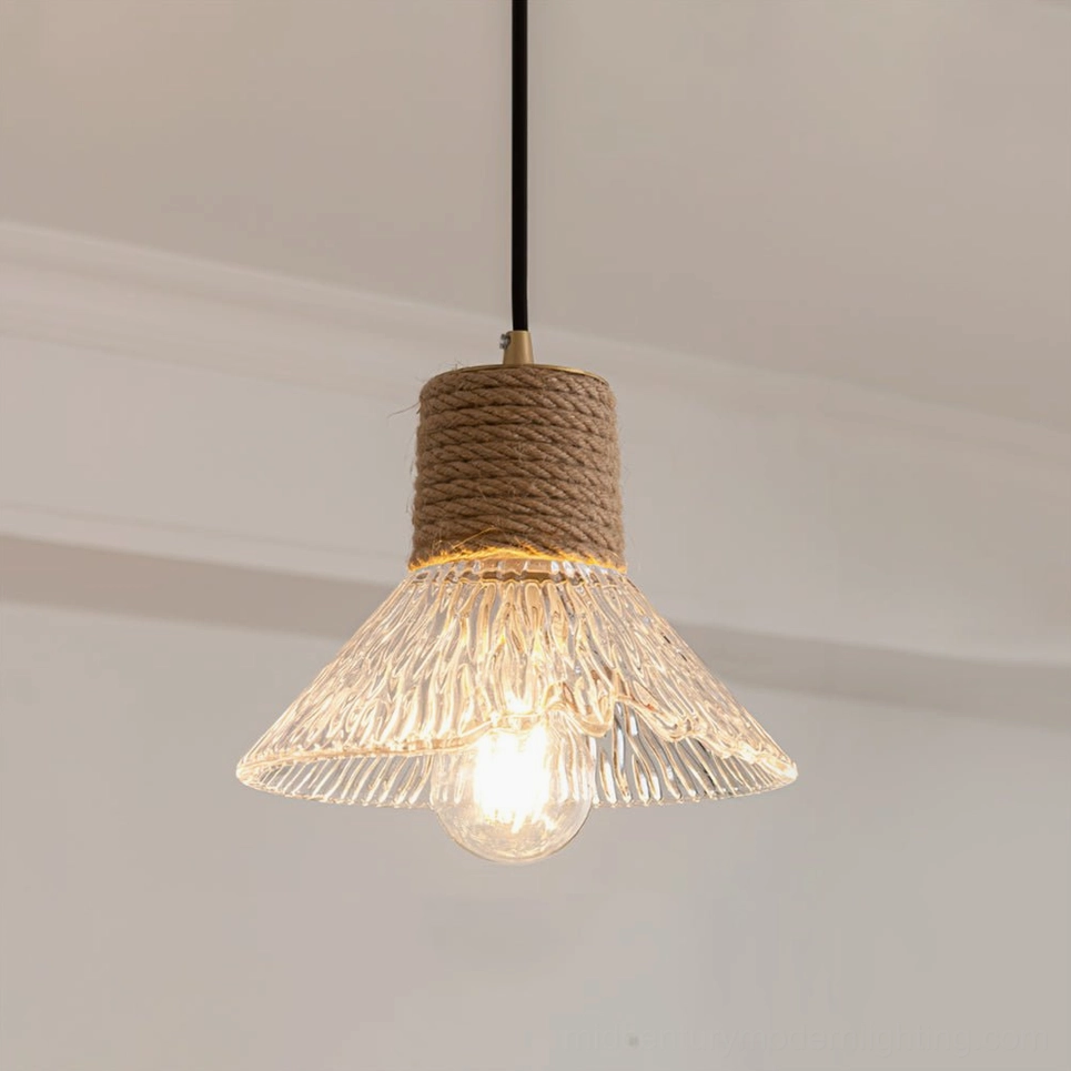 Hemp rope glass pendant light fixture with Edison filament bulb, vintage warm glow ambiance mid-century modern aesthetic