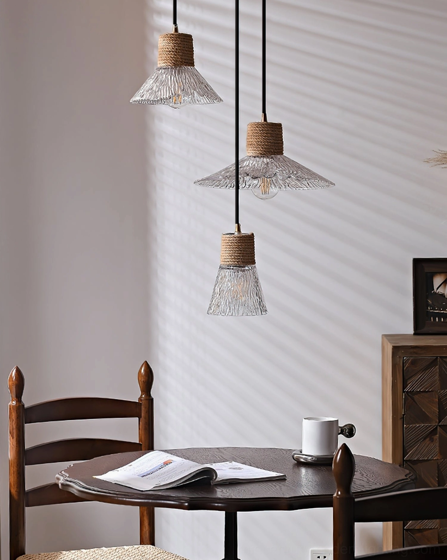 Hemp rope glass pendant lamp installed over kitchen counter, contemporary farmhouse pendant lighting solution