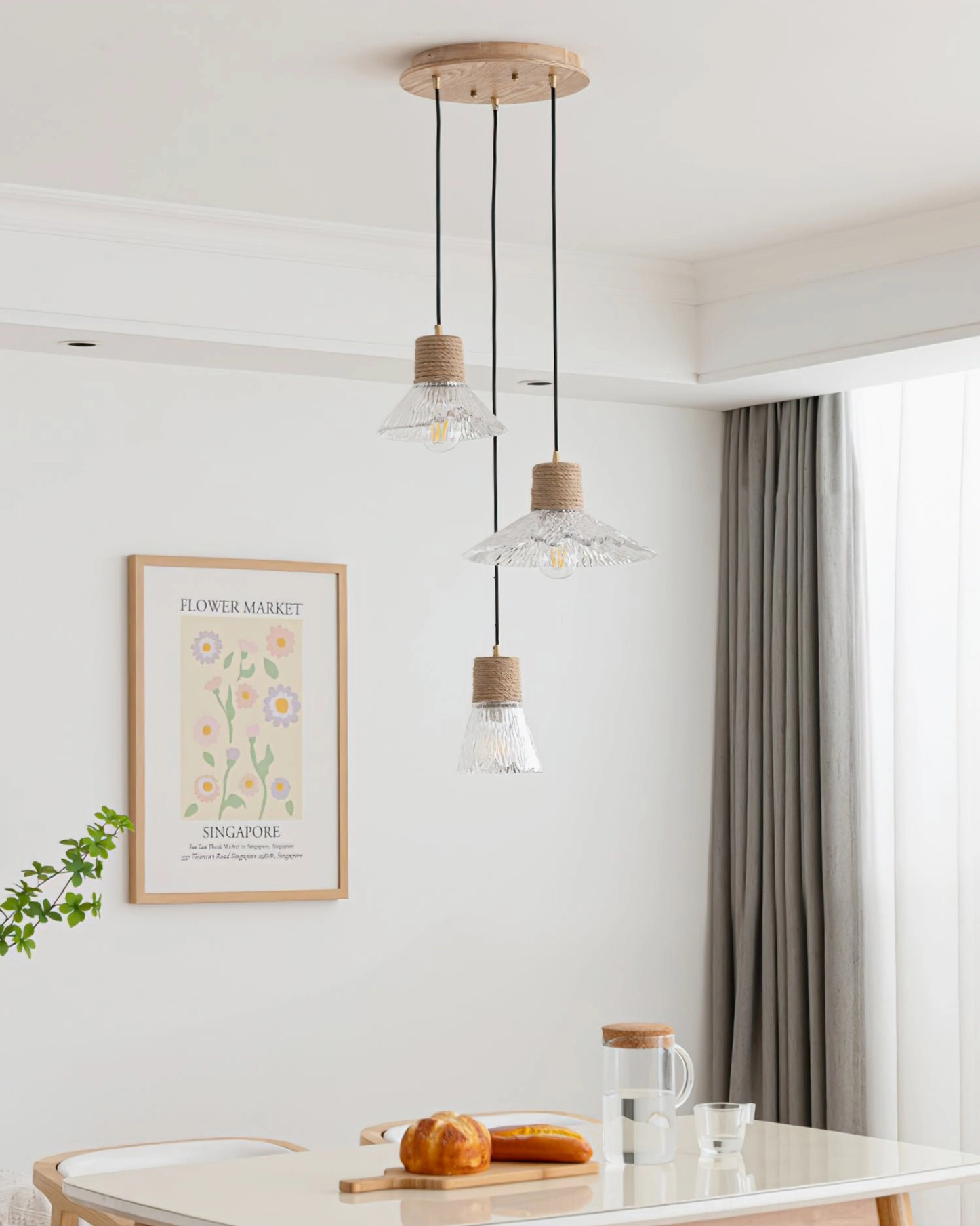 Hemp rope glass pendant lamp in minimalist Scandinavian interior, natural materials and soft lighting aesthetic