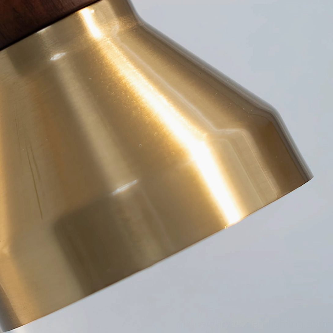 Close-up macro shot of hand-brushed brass shade on mid-century Heron wall light