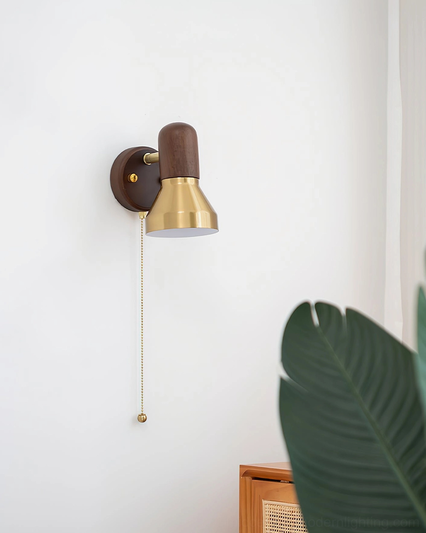Heron mid-century wall sconce full product view with pull-chain control and compact proportions