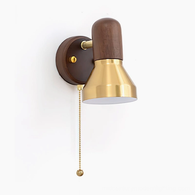 Heron mid-century wall sconce in gold brass and natural walnut finish, standard size variant