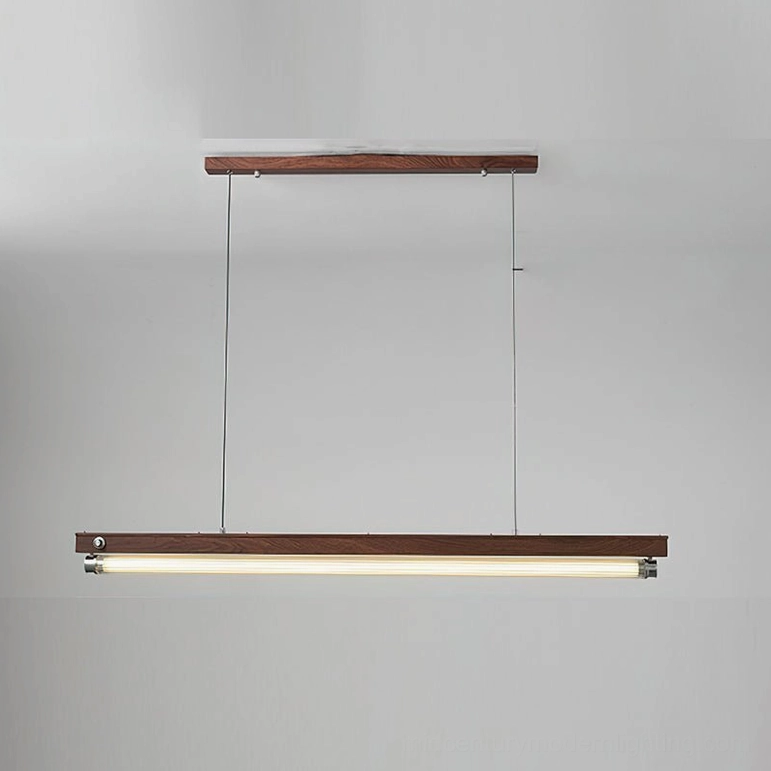 Hiromi compact walnut pendant light front view studio photography with cable suspension detail