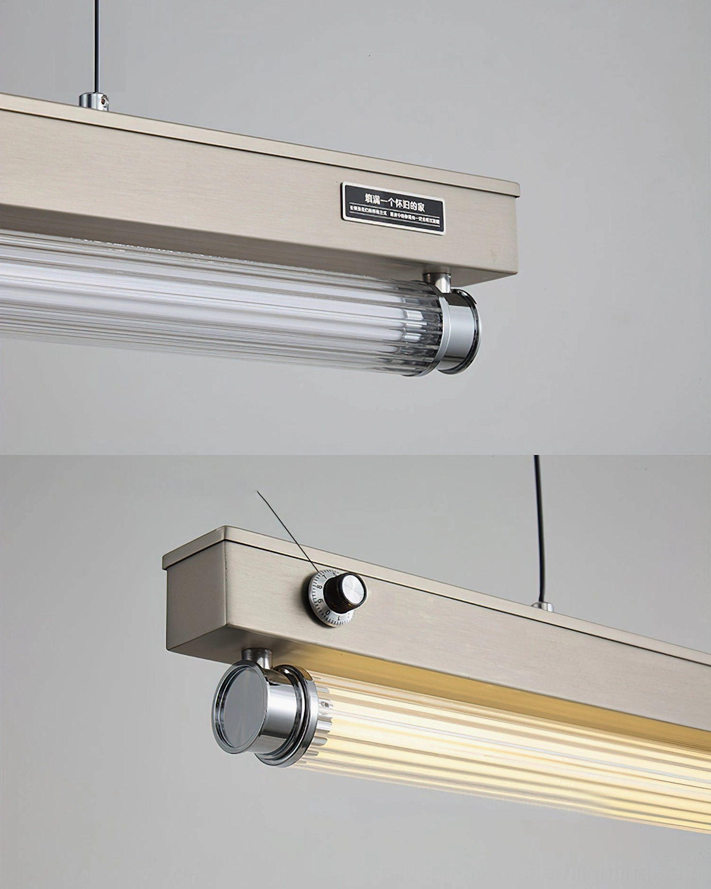 Hiromi pendant light close-up showing metal hardware warm LED strip and rotary dimmer switch detail