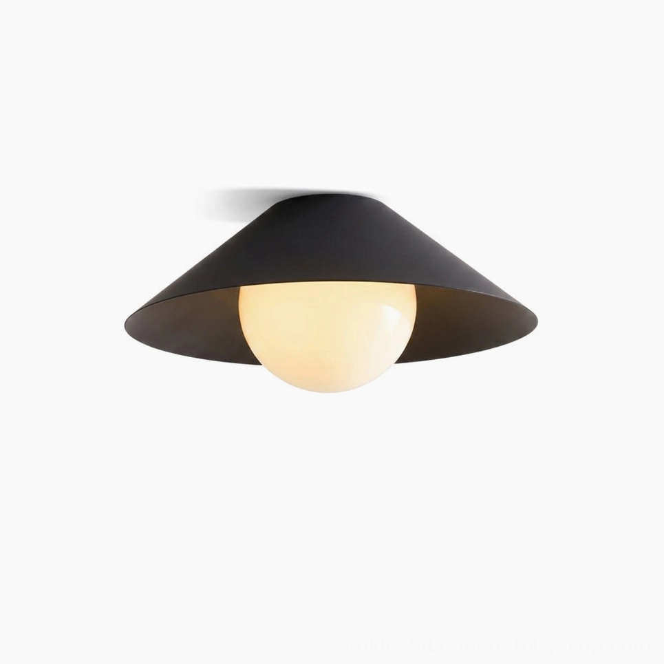 Hood Coolie matte black minimalist flush mount ceiling light with warm illumination, front view