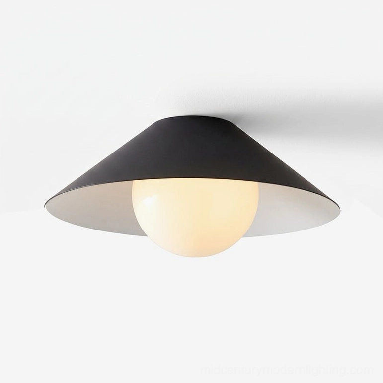 Matte black Hood Coolie wide conical shade flush mount ceiling light, overhead view