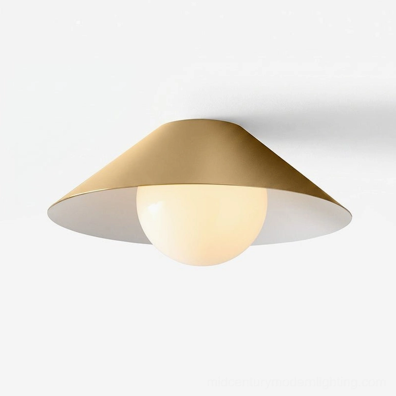 Brushed gold Hood Coolie ceiling light fixture, studio front view with geometric conical design